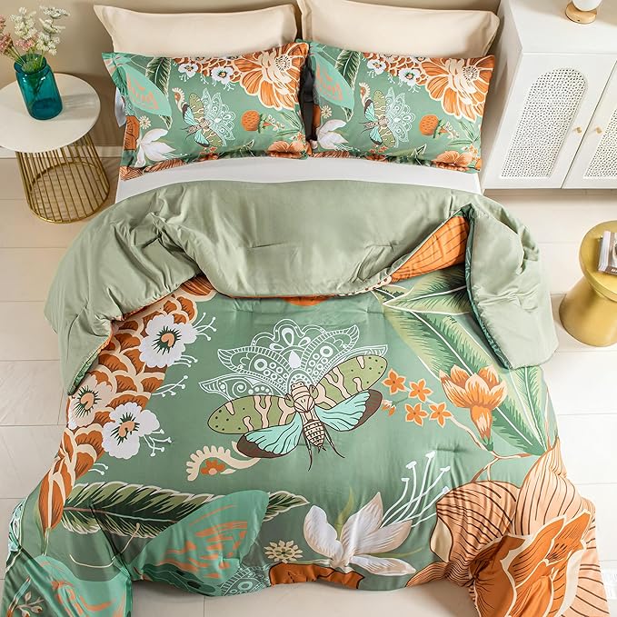 Sage Green Boho Floral King Comforter Set - 3 Piece Farmhouse Botanical Bedding Comforter Sets for All Season Soft Lightweight Mid Century Bed Set, (1 Reversible Comforter and 2 Pillow Shams