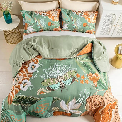 Sage Green Boho Floral King Comforter Set - 3 Piece Farmhouse Botanical Bedding Comforter Sets for All Season Soft Lightweight Mid Century Bed Set, (1 Reversible Comforter and 2 Pillow Shams