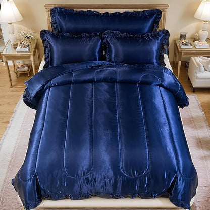Satin Queen Comforter Silk Like Bedding 4 Pcs Hotel Soft Polyester Navy Blue Bed Set Luxury Silky Body Pillow Cover Ruffle Home Decor