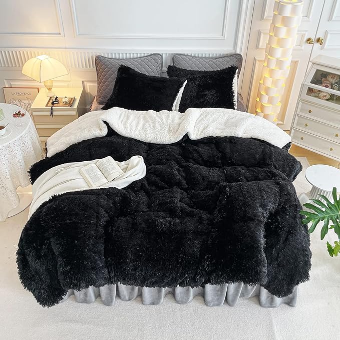 UOZZI BEDDING Black Faux Fur Comforter Set Queen 3 Pieces - 1 Black Shaggy Comforter Set 90x90 and 2 Pillowcases, Ultra Soft and Easy Care Luxury Plush Shaggy Duvet Set