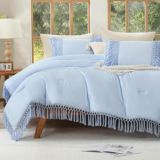 Andency Comforter Full Size Set Light Blue, Boho Lightweight Vintage Soft Bedding Comforter Sets, 3 Pieces Bed Set (79x90In Comforter & 2 Pillowcases)