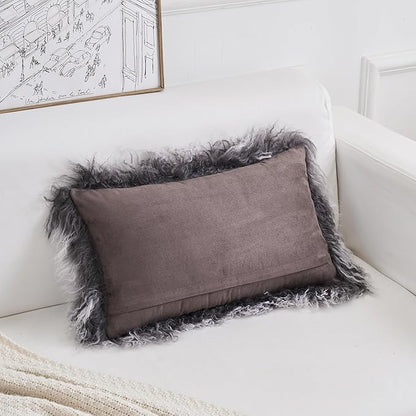 Genuine Mongolian Lamb Fur Pillow Cover – 12"x20" Rectangular Cushion Case – Soft Curly Wool Decorative Accent for Sofa, Bed, or Chair (Frosted Grey)