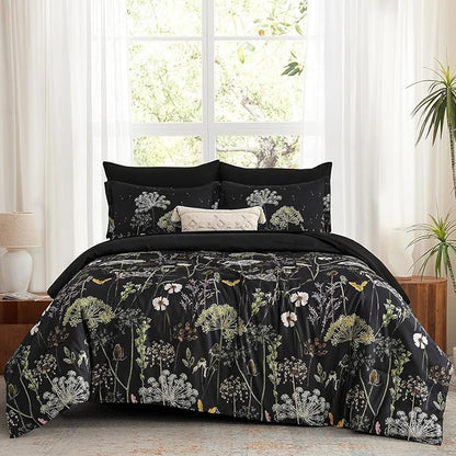 Yiran King Size Comforter Set, 7 Piece Comforter Floral Black Green Bedding Set, Soft Bed in a Bag King, Comforter, Sheets, Pillowcases & Shams