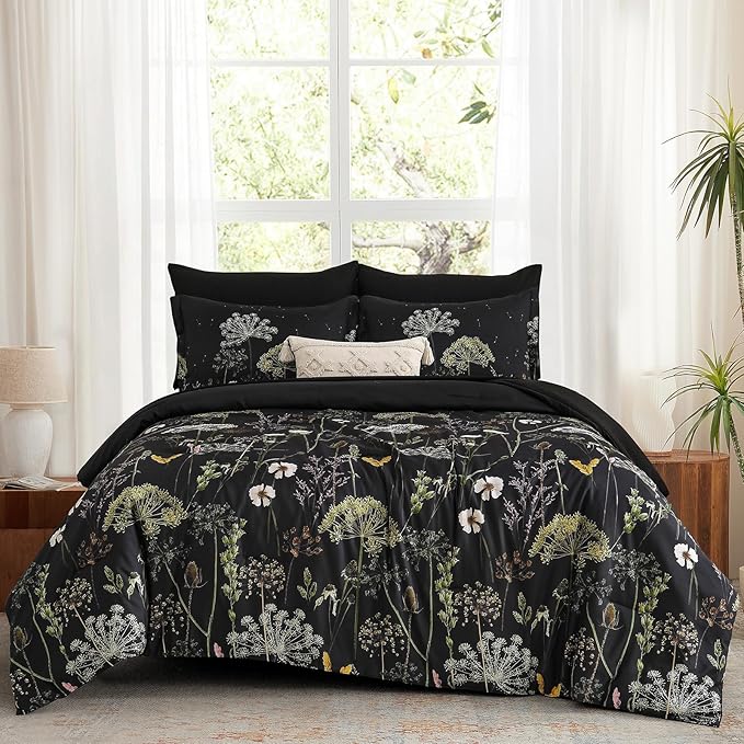 Yiran Queen Comforter Set, 7 Piece Black Dandelion Floral Comforter Bedding Set, Winter Bed in a Bag Queen, Soft Microfiber Complete Bedding Set with Sheets for All Season