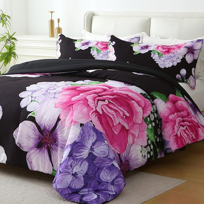 Floral Comforter Set King Size, 3 Pieces Elegant Black Floral Bed in a Bag, Soft Microfiber Botanical Flower Bedding Set with 2 Pillowcases for All Season 104"×90"