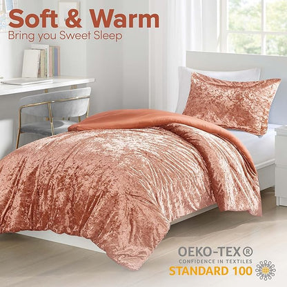 Comfort Spaces Luxe Twin Comforter Set Velvet Comforters for Twin Size Bed, Microfiber Reverse, Juliette, All Season Velvet Bedding Twin Size, Fluffy Bed Set, Sham, Twin/Twin XL, Burnt Orange 2 Piece