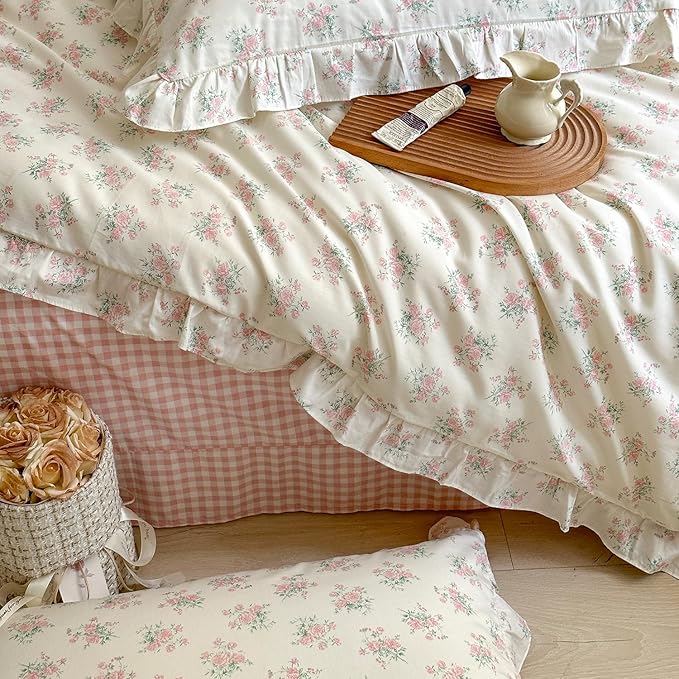 MKXI King Size Pink Floral Comforter Set - 3 Piece Ruffled Lace Bedding Set 1 King Comforter with 2 Pillowcases All Seasons, Soft Aesthetic Princess Style Floral Comforter for Girls, Women