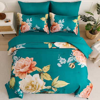 Drucon Floral Comforter Set King Size 7 Pieces Bed in a Bag, Teal Blue Floral Bedding Set, Soft Microfiber Comforter and Sheet Set for All Season (King, 104"x90")
