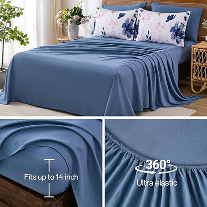 Anibedding Blue Floral Comforter Set Queen Size, 8 Piece Botanical Flower Bed in a Bag, Reversible Design Comforter Soft Microfiber Complete Bedding Sets for All Season (Blue, 90"x90")