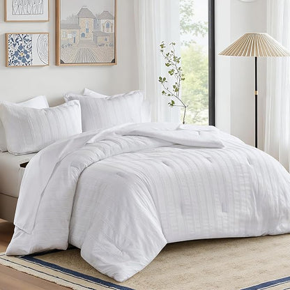 Madison Park Essentials Striped Comforter Set King, 7 Pieces Modern Minimalist Jacquard Bedding Set for All Season, Bed in A Bag with Sheet Set and Soft Brushed Reverse, Lightweight White