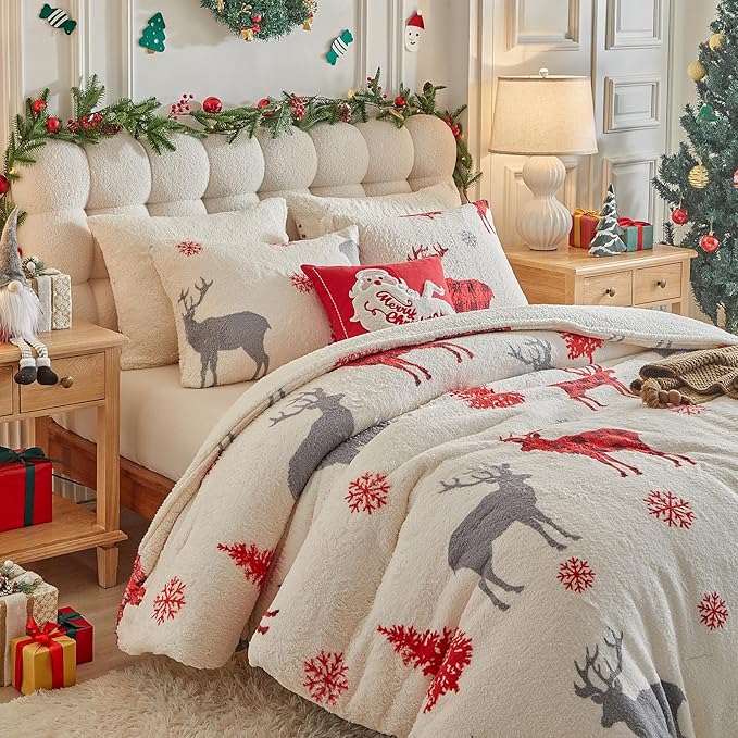 Christmas Sherpa Comforter Set Twin Size 3 Pieces Holiday Winter Bedding Microfiber Warm Fleece Comforter with 2 Pillow Shams - Thanksgiving New Year Gift Choice with Red Snowflake Gray Xmas Deer
