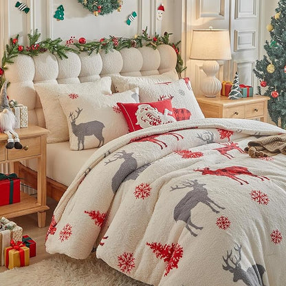 Christmas Sherpa Comforter Set Twin Size 3 Pieces Holiday Winter Bedding Microfiber Warm Fleece Comforter with 2 Pillow Shams - Thanksgiving New Year Gift Choice with Red Snowflake Gray Xmas Deer