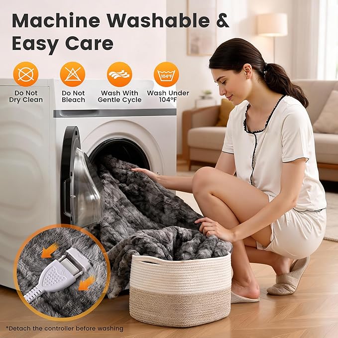 WOOMER Heated Blanket King Size 100" x 90", Electric Blanket with Dual Controllers, 0.5-12 Hours Timer & 10 Heating Levels, ETL Certified, Marble Gray Double-Sided Faux Fur, Machine Washable
