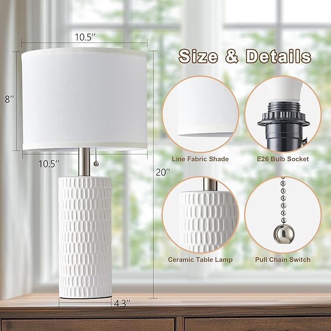 20" Small Bedside Table Lamps for Bedroom Set of 2, Modern Lamps for Night Stands, Farmhouse Table Lamps for Living Room, Home Office and Hallways,White