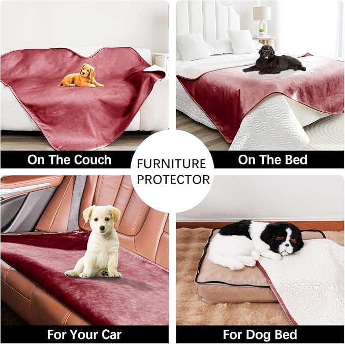 Waterproof Dog Blankets for Large Dogs, Washable Pet Blanket for Indoor Cats, Plush Sherpa Puppy Throw Furniture Protector for Bed Couch Sofa(40"x50",L,Burgundy Red)