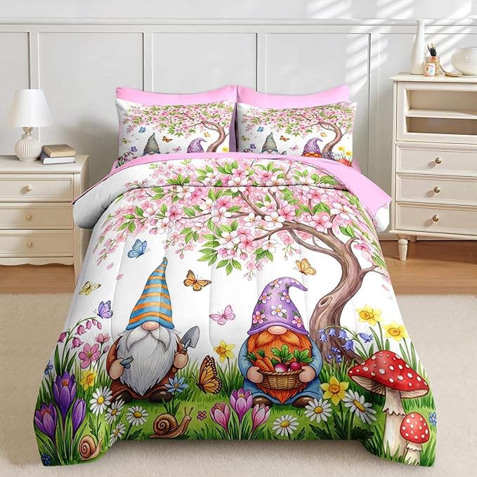 Nesker 7 Pcs Spring Comforter Set King Size, Gnome Flower Bedding Set for Kids and Adults, Pink Cherry Blossoms Tree Bed Sheet Sets with Fitted Sheet 2 Pillowcases & 2 Shams
