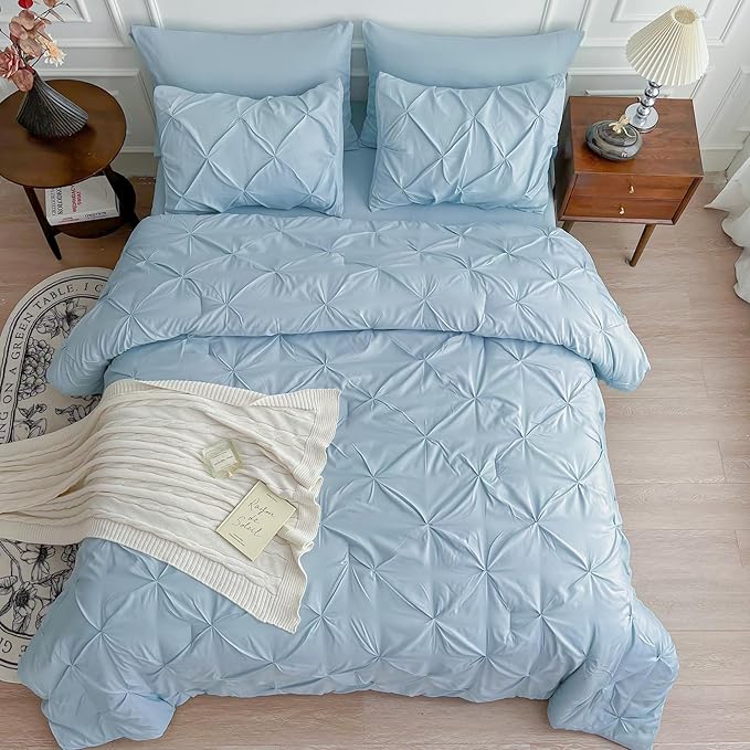 Maple&Stone Light Blue Comforter Set Queen, 7 Pieces Bed in a Bag Queen, Pintuck Bedding with Comforter, Sheets, Pillowcases & Shams - Light Blue