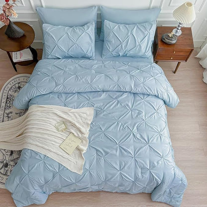 Maple&Stone Full Size Comforter Sets, 7 Pieces Bedding Sets Full, Pintuck Bed in a Bag Bed Set with Comforter, Sheets, Pillowcases & Shams - Light Blue