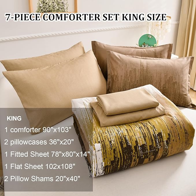 WONGS BEDDING Brown Comforter Set King, 7 Pieces Bed in a Bag Colorful Abstract Art Gradient Comforter Soft Microfiber Bedding with Comforter, Flat Sheet, Fitted Sheet, Pillow Shams, Pillowcases