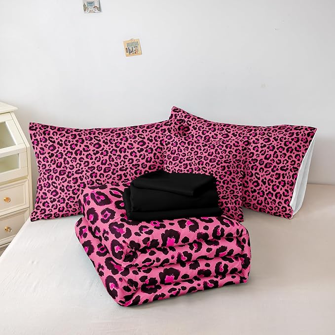 Leopard Print Comforter Queen Black and Pink Bedding Sets 8 Pcs Hot Pink Cheetah Animal Print Texture Wild Leopard Bed in A Bag with Comforter and Sheet Set