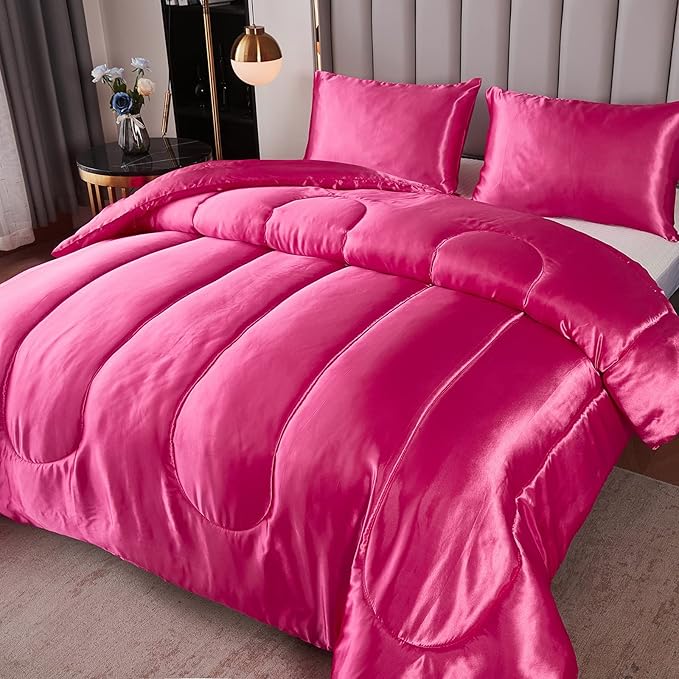 Satin King Comforter Sets Silk Like Hot Pink Comforter Alternative Down Comforter Soft Polyester Filling Luxury Silky Bedding Comforter Set 1 Comforter 2 Pillowcases (King, Hot Pink)