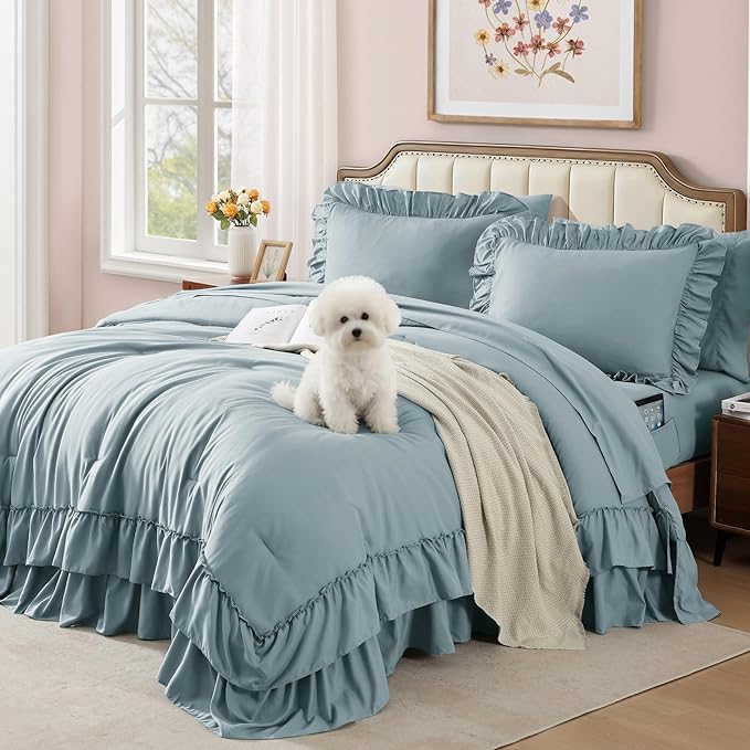 Queen Comforter Set Dusty Blue, Ruffle Shabby Chic Bedding Set Farmhouse 7 Pieces, All Season Fluffy Bed in a Bag with Sheets, Pillowcases & Shams