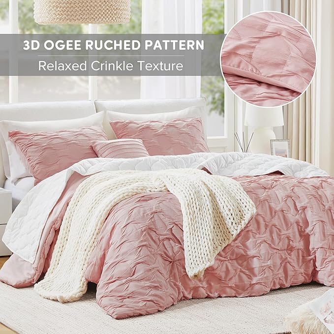 Comfort Spaces Comforter for King Size Bed, Ogee Ruched with Crinkle Texture, Breathable Comforter Set King, All Season Lightweight Bedding Set, Shams, Décor Pilow, King/Cal King Pink 4 Piece