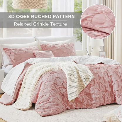 Comfort Spaces Twin/Twin XL Comforter Set for College Ogee Ruched Crinkle Texture Breathable Comforter Set Twin Dorm All Season Lightweight Bedding Set Shabby Chic Décor Pilow Pink 3 Piece