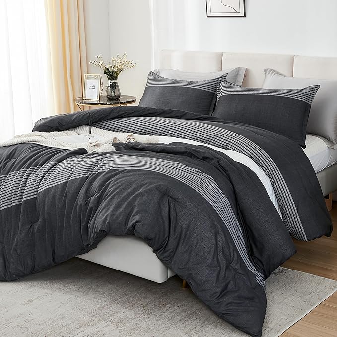 Litanika Oversized Queen Comforter Set Black White Grey 98x98-3 Pieces Lightweight Colorblock Stripe Fluffy Bedding Comforter Sets, All Season Bed Set