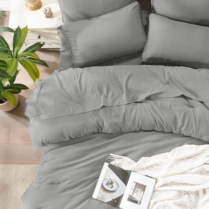 Andency Queen Comforter Set with Sheets Medium Grey - 7 Pieces Boho Tassel Bed in a Bag Soft Lightweight Bedding Sets, Fringe Bed Set with Comforter, Sheets, Pillowcases & Shams