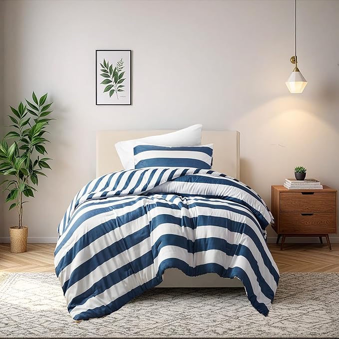 Reversible Striped Twin Comforter Set, Soft Microfiber Bedding Set with Double-Sided Stripes Design, Warm & Cozy for All-Seasons, 2-Piece Comforter and Sham Set Twin Size, Navy
