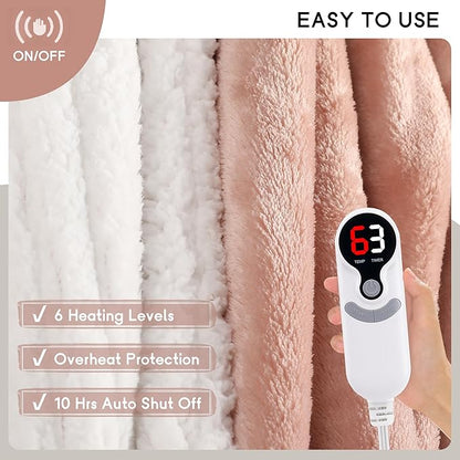 Heated Blanket Electric Throw Size 50''x60'' with 9 Heating Levels, 1-10 Hour Auto Shut Off, Machine Washable, Flannel & Sherpa Double-Sided Soft Warming Blanket for Couch, Bed, Office - Cozy Pink