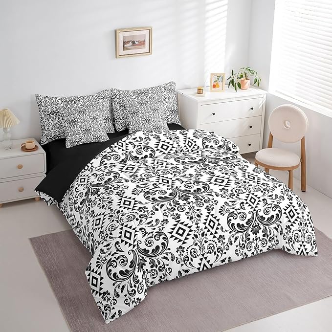 Comforter Set King Size, Black Aztec Damask 7 Pcs Bedding for Kids and Adults, Victorian Decor Western Baroque Goth Bed Sheet Sets with Fitted Sheet 2 Pillowcases & 2 Shams for Bedroom Bed Decor