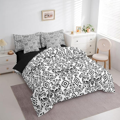 Comforter Set Twin Size, Black Aztec Damask 7 Pcs Bedding for Kids and Adults, Victorian Decor Western Baroque Goth Bed Sheet Sets with Fitted Sheet 2 Pillowcases & 2 Shams for Bedroom Bed Decor