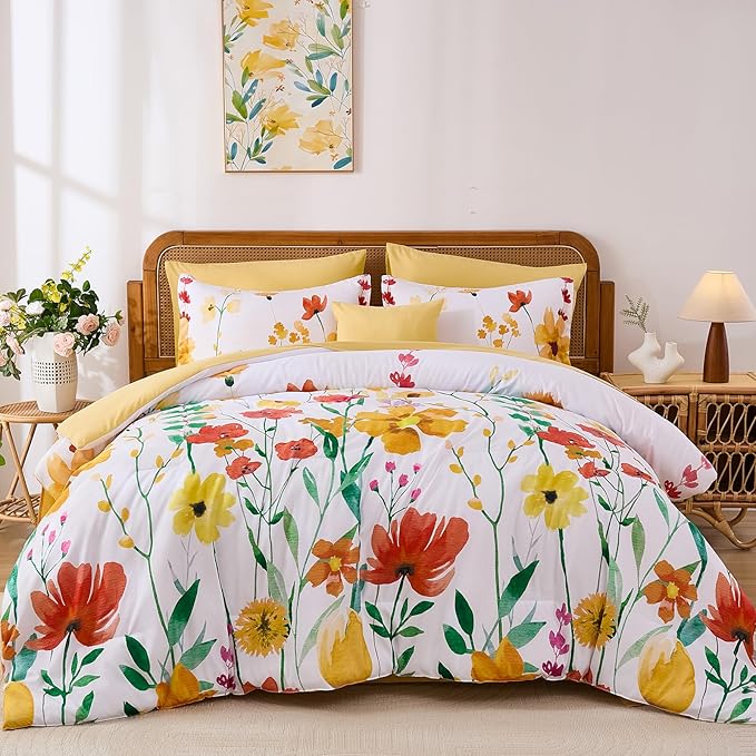 Annibedding Floral Queen Size Comforter Set, 8 Pieces Yellow Flower Botanical Soft Microfiber Bed in a Bag Bedding Set with Pillowcase Sheet for All Season (90"x90")