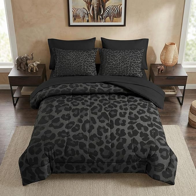 Nesker 7 Pcs Comforter Set Full Size, Leopard Print Wild Animal Bedding Set for Kids and Adults, Black Grey African Cheetah Wildlife Bed Sheet Sets with Fitted Sheet 2 Pillowcases & 2 Shams