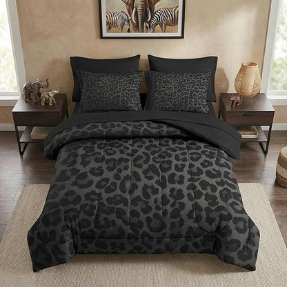 Nesker 7 Pcs Comforter Set Full Size, Leopard Print Wild Animal Bedding Set for Kids and Adults, Black Grey African Cheetah Wildlife Bed Sheet Sets with Fitted Sheet 2 Pillowcases & 2 Shams