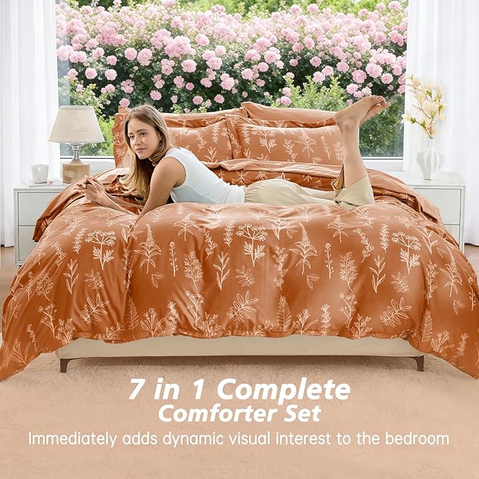 MUXHOMO Burnt Orange Bed in a Bag Queen 7 Pieces, Queen Comforter Set Reversible Botanical Flowers Design, Ultra Soft & Breathable Bedding Sets with Comforter, Sheets, Pillowcases & Shams