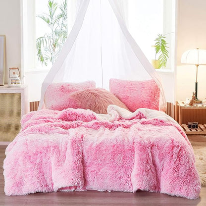 Joyreap 3-Piece Plush Shaggy Comforter Set, King Size Luxury Faux Fur Sherpa Reversible Bedding Comforter Set, Ultra Cozy Warm Fluffy Bedding Set for Winter (Pink n White, 100x88 inches)