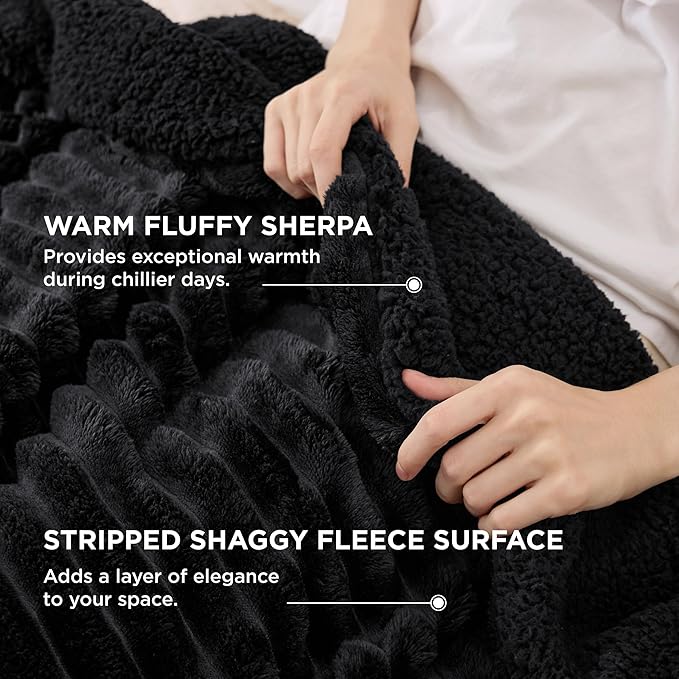 Bedsure Sherpa Blanket Queen Size for Bed - Super Soft, Cozy Fleece Thick Warm Blanket for Winter, GentleSoft Home Room Decor, Black, 90x90 Inches