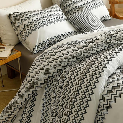 CLOTHKNOW Waves Striped Comforter Set Twin Black White Bedding Comforter Sets Black Grey White Farmhouse Comforter with 2 x Pillow Cases