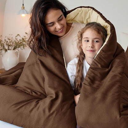 Exclusivo Mezcla Lightweight Reversible Full Queen Size Comforter Set, Down Alternative Comforter with 2 Pillow Sham, Full Size Queen Bedding Set for All Seasons, Brown/Khaki