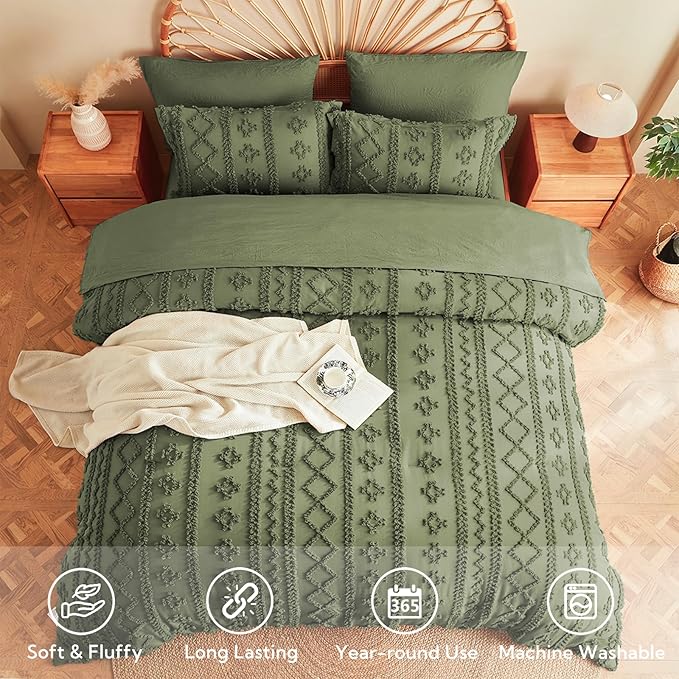 MR&HM Twin XL Comforter Set Olive Green, 5 Pieces Bedding Set, Farmhouse Shabby Chic Bed in a Bag with 1 Comforter, 1 Pillow Shams, 1 Pillowcases, 1 Flat Sheet, 1 Fitted Sheet for College Dorm
