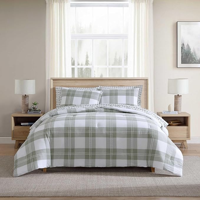 Eddie Bauer - Full/Queen Comforter Set, Premium Cotton Embroidered Bedding with Matching Sham(s), Plaid Bedding Set (Mountain Embroidery Plaid Green, Full/Queen)
