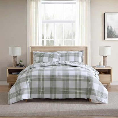 Eddie Bauer - Full/Queen Comforter Set, Premium Cotton Embroidered Bedding with Matching Sham(s), Plaid Bedding Set (Mountain Embroidery Plaid Green, Full/Queen)