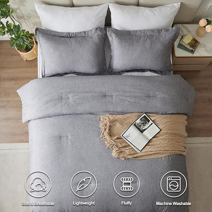 CozyLux King Size Comforter Set - 3 Pieces Grey Soft Luxury Cationic Dyeing Bedding Comforter for All Season, Gray Breathable Lightweight Fluffy Bed Sets with 1 Comforter and 2 Pillow Shams