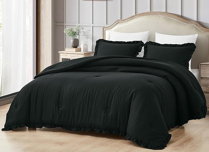 Chezmoi Collection Nora Black Comforter Set Full Size 3-Piece Fluffy Soft Stone-Washed Ruffled Shabby Chic Bedding for All Season