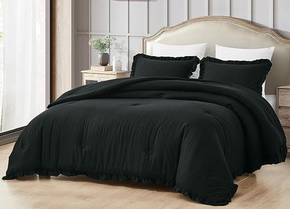 Chezmoi Collection Nora Black Comforter Set Full Size 3-Piece Fluffy Soft Stone-Washed Ruffled Shabby Chic Bedding for All Season