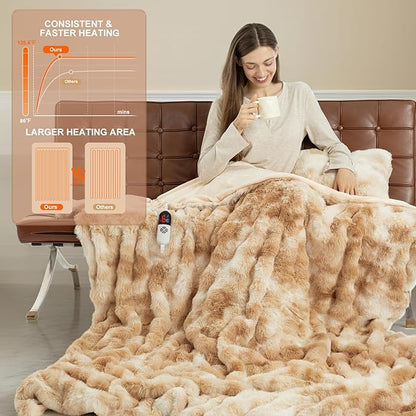 Faux Fur Electric Blanket Twin Size 62"X84" - Bubble Heated Blanket Fluffy Soft Fuzzy with 6 Fast Heating Levels & 10 hrs Timer Settings, Washable & ETL Certified for Office Bed, Tie-Dye Beige