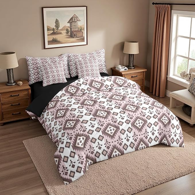 Erosebridal 7 Pcs Country Western Bedding Set Queen Native Aztec Southwestern Comforter Set Boho Exotic Bed in A Bag for Kids Adults Bohemian Mexican Diamond Quilt with Flat Fitted Sheet